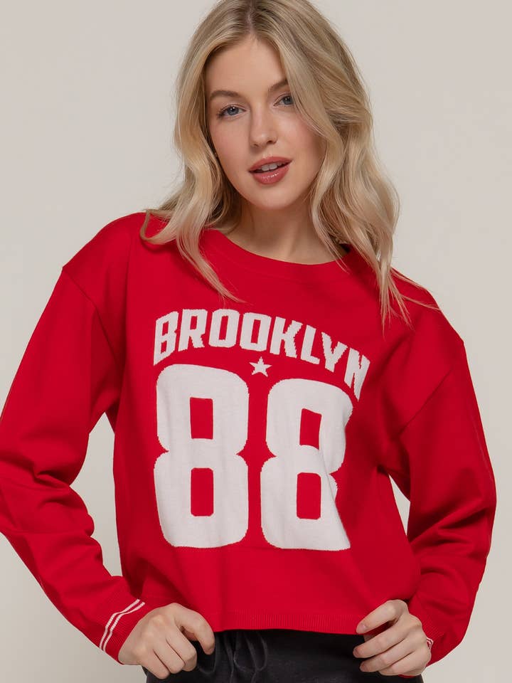 Long Sleeve Round Neck Front Number Jacquard Sweater for wholesale by Active Basic | Active USA