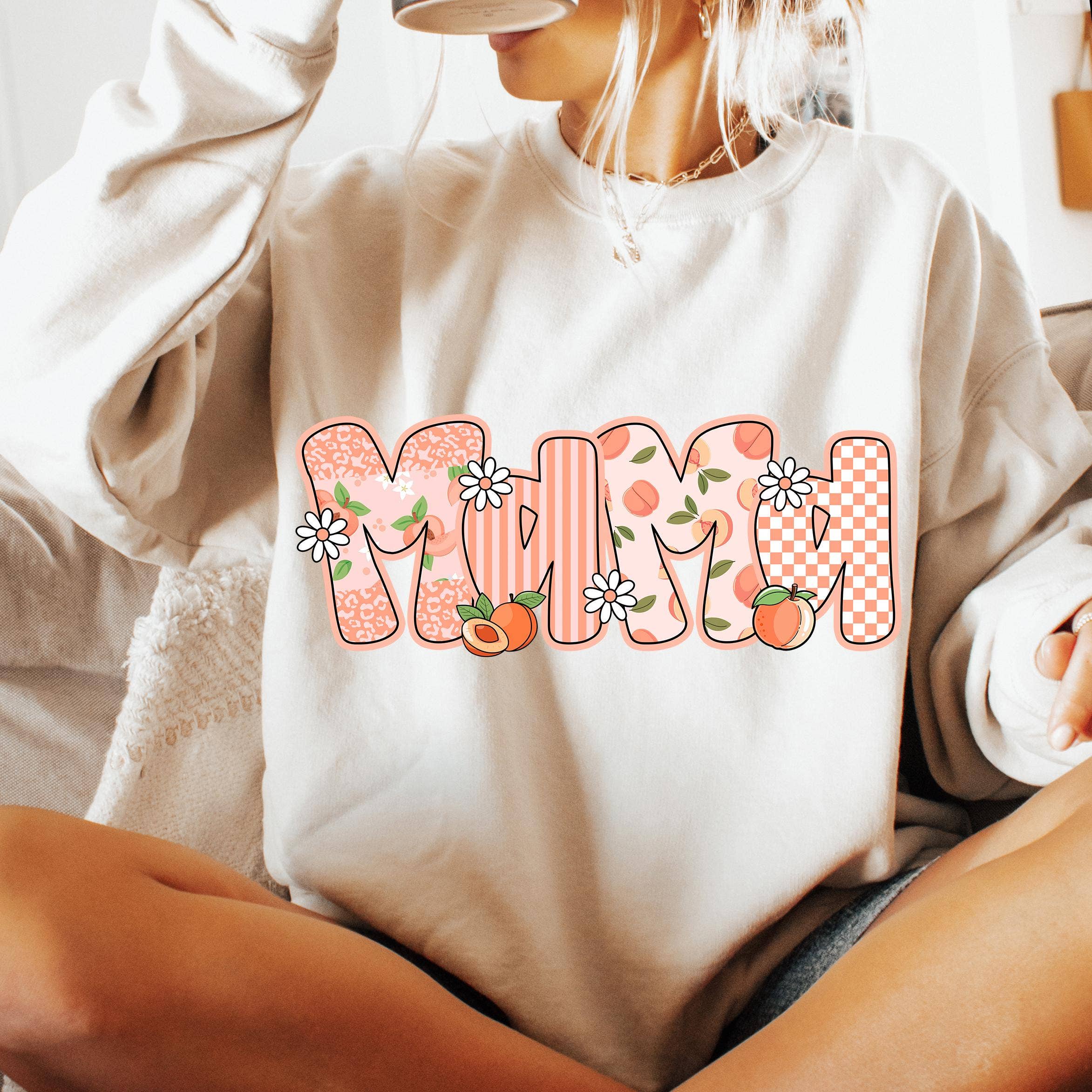 NVC Ecommerce LLC - Wholesale T-Shirt (Graphic) - Women's - Preppy Mama Peach Shirt, Cute Peach Floral Mama Sweatshirt1