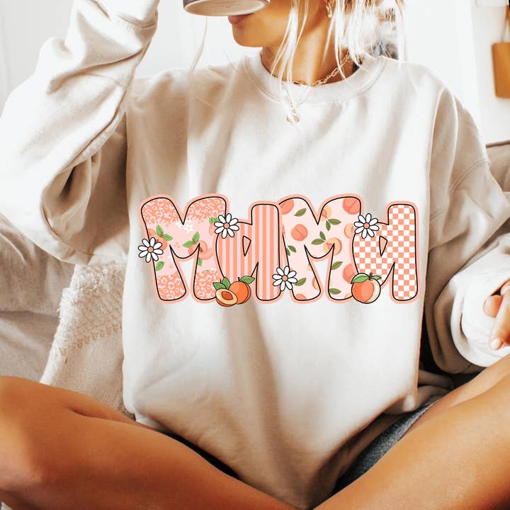 NVC Ecommerce LLC - Wholesale T-Shirt (Graphic) - Women's - Preppy Mama Peach Shirt, Cute Peach Floral Mama Sweatshirt1