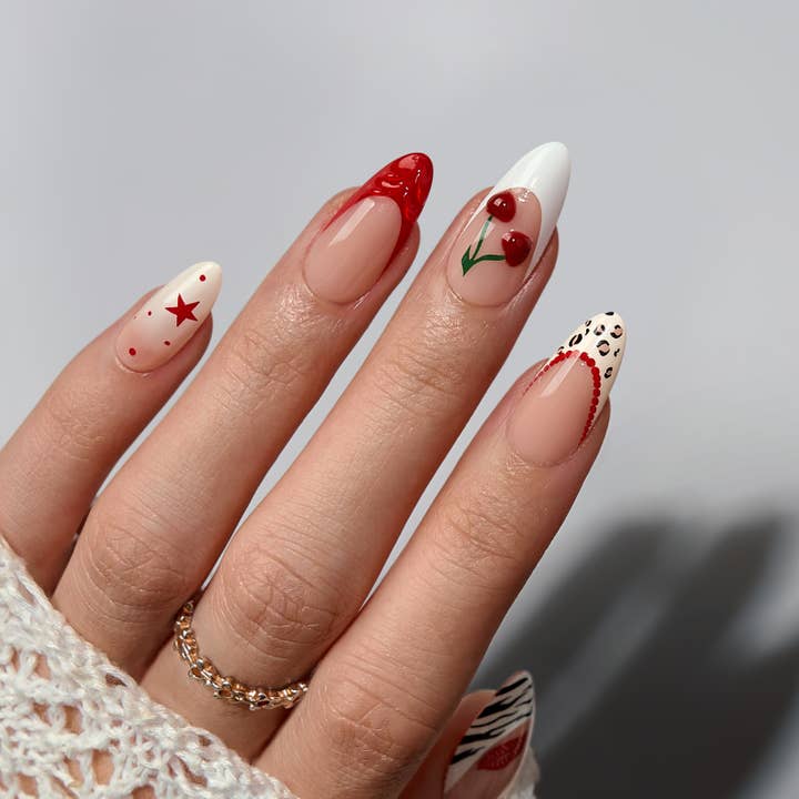 BTArtboxnails - Wholesale Press-On/Fake Nails - 3D Cherry Red French Tip Nails - Medium Almond False Nails