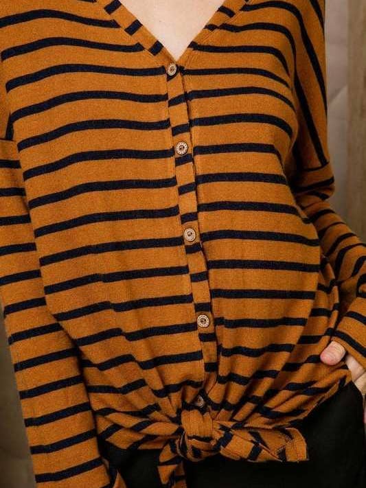 Brush Hacci Stripe Knit Top With Tie Front. for wholesale by Main Strip