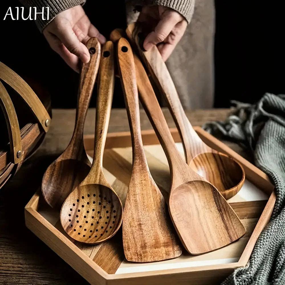 Huis Van Merken - Wholesale Kitchen Utensil Set - 5pcs Premium Wooden Kitchen Utensils Set - High-Quality, Durable Wood Spoons1