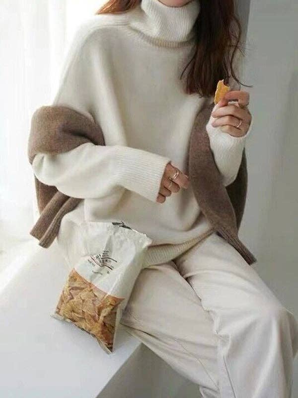 StyleGalX – wholesale Tunikatröja - Dam – Avslappnade lösa långa ärmar Enfärgade tröjor med hög hals2