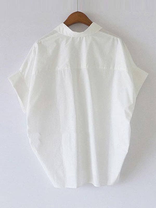 WHITE Casual Short Sleeves Loose Solid Color Lapel Collar Blouses&Shirts Tops for wholesale on Faire2
