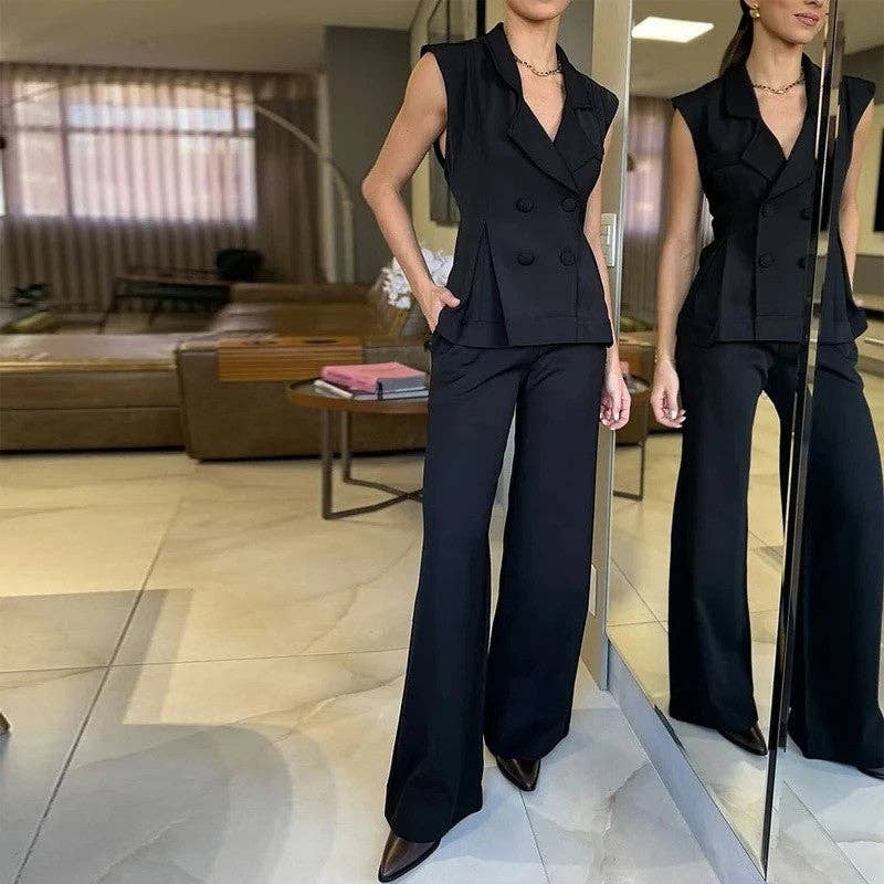 NEGRO Conjunto de chaleco ajustado de color sólido y pantalones largos de venta al por mayor en Faire3