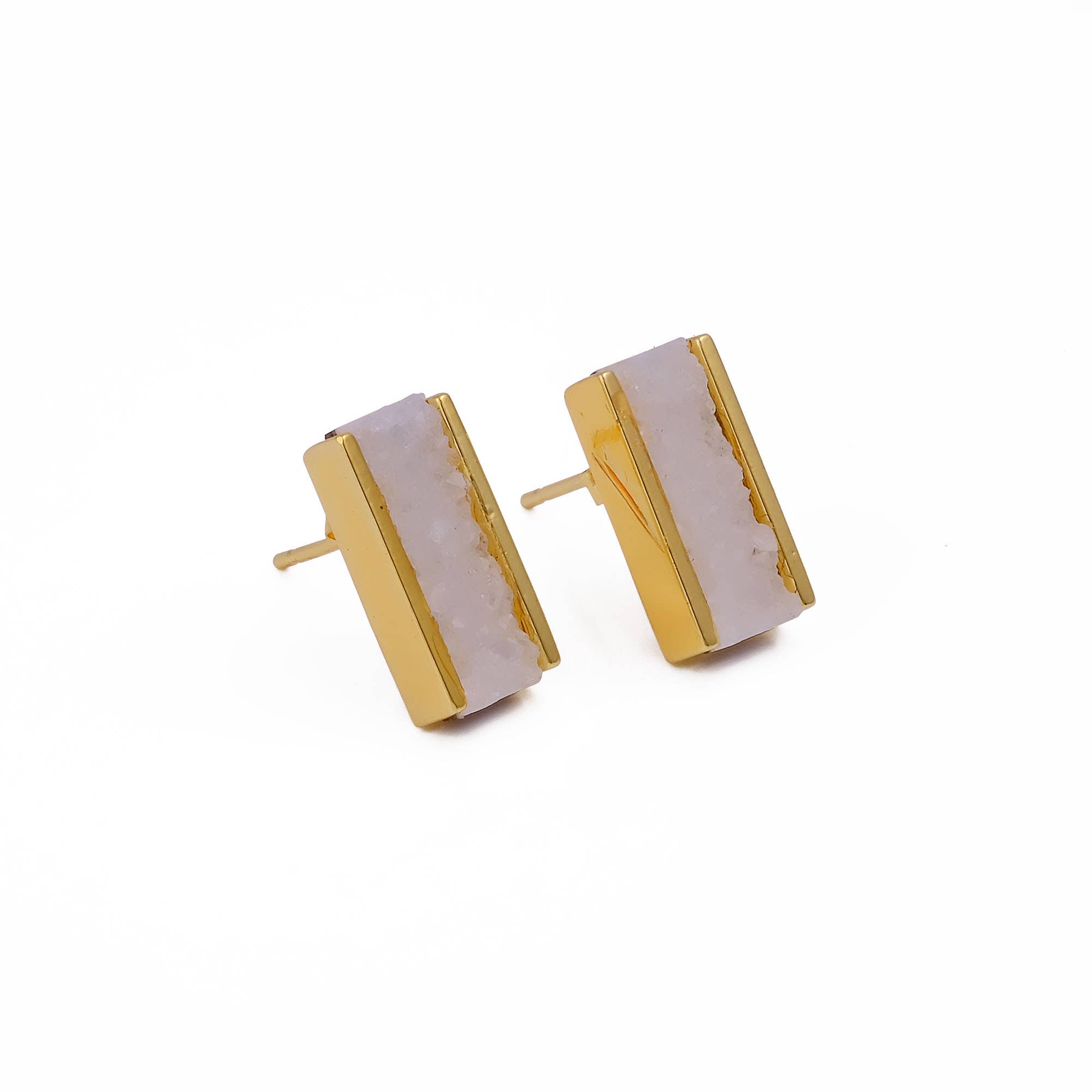 El Joyero - Wholesale Stud/Post Earrings - White Druzy Gemstone Gold Plated Collet Set Stud Earring4