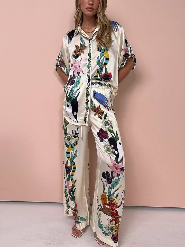 Loose Vintage Print Shirt Trouser Set for wholesale by Rosa Clothing