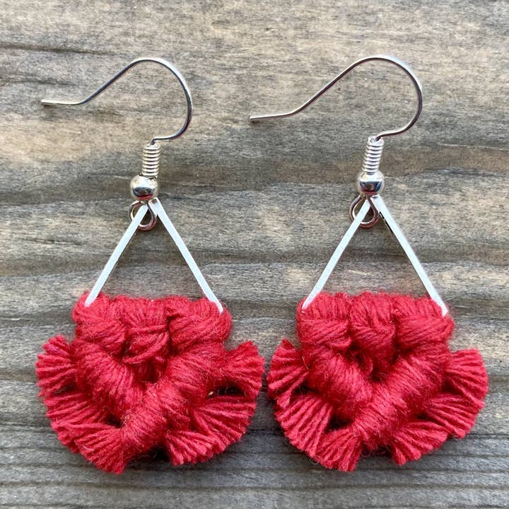 Miicro Fringe Triangle Earrings - Red & Silver for wholesale by HK Macrame Jewelry