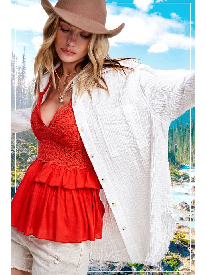 La Miel – wholesale Buttoned-down shirt – Women's – SRT7448-Soft Washed Crinkled Gauze Button Down Shirts20