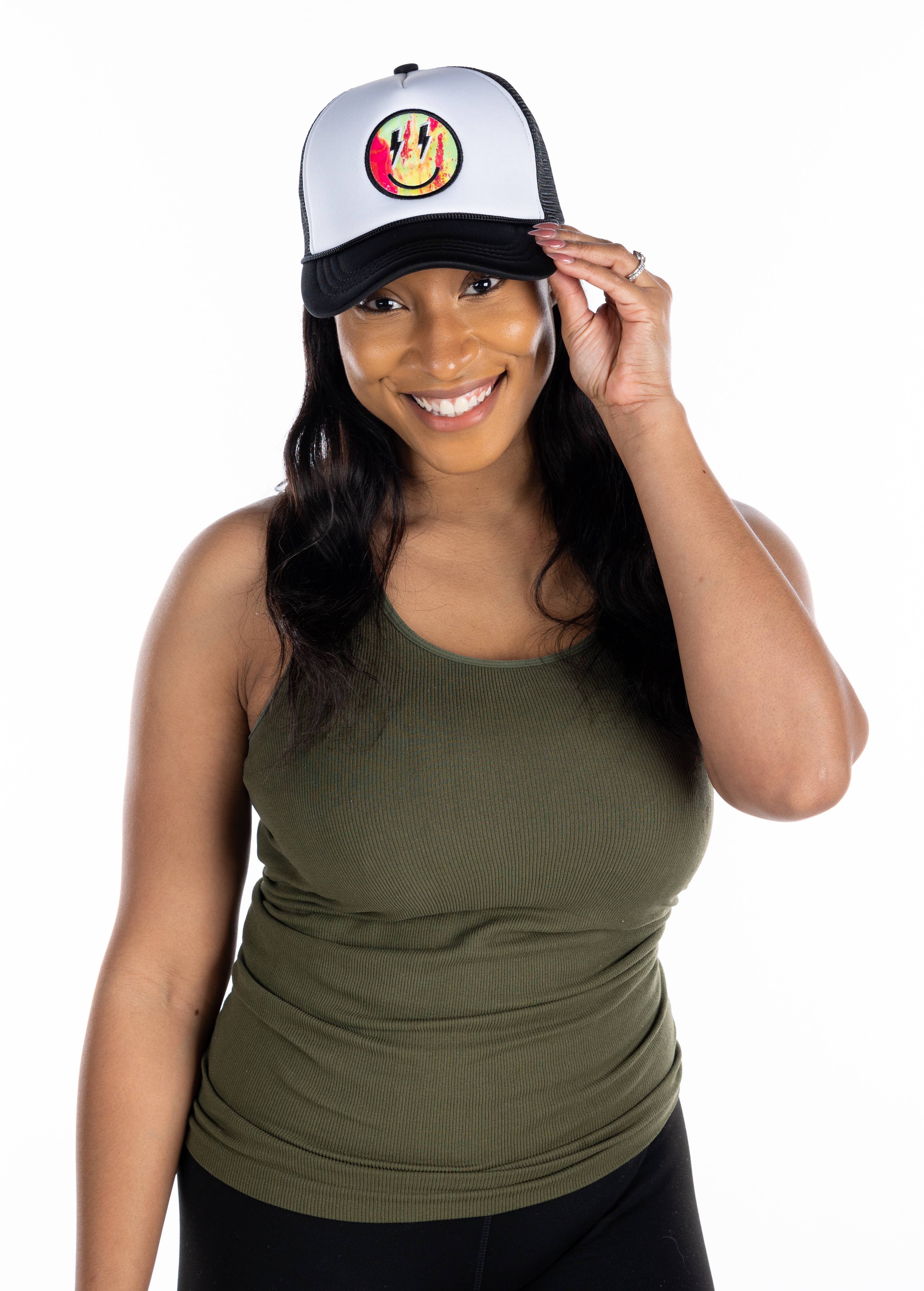 Funky Junque - Wholesale Trucker Hat - Women's - Trucker Hat - Multi Smiley Lightning Bolt - Hot Pink/White1