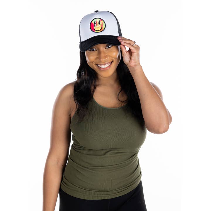 Funky Junque - Wholesale Trucker Hat - Women's - Trucker Hat - Multi Smiley Lightning Bolt - Hot Pink/White1