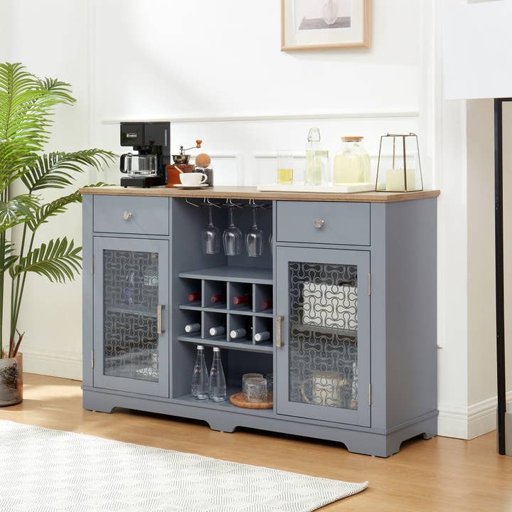 Orange County Decor - Wholesale Cabinet - Modern Farmhouse Buffet Cabinet, Sideboard With 2 Drawers And Elegant Glass Door Cabinets, Wine And Glass Rack, Coffee Bar For Kitchen, Dining Room, Light Blue And Light Oak, 56.46"W*15.55"D*35.74"H3