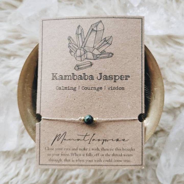 Kambaba Jasper Crystal Wish Bracelet with Hemp & Gold Beads for wholesale by MountInspire Ltd.