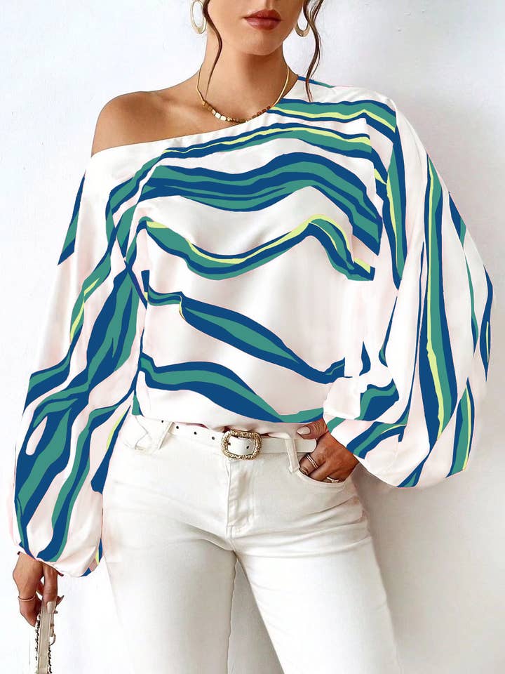 HIDDENBRAND - Wholesale Blouse - Women's - Style off-the-shoulder print loose top with a line neck