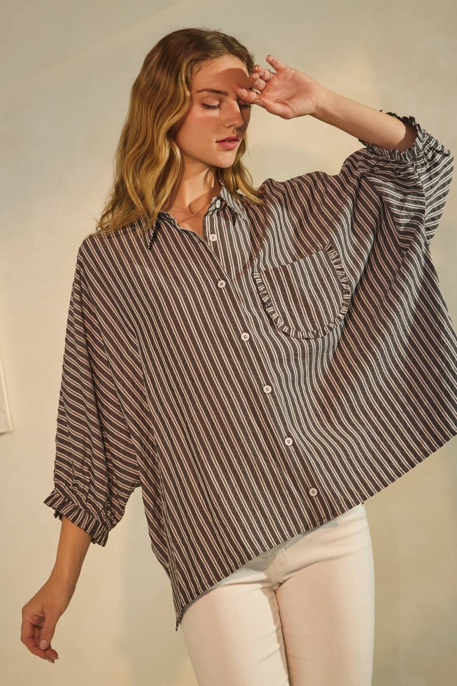 Oddi - Wholesale Shirt - Women's - Plus Striped Button Down Oversized Shirts1