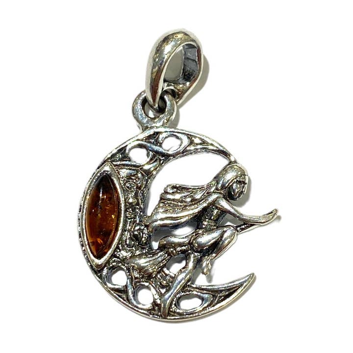 Amber & silver moon & broom pendant for wholesale by Foliesbijoux