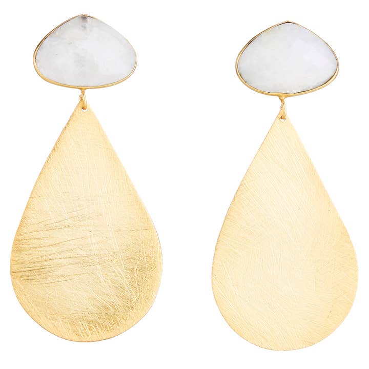 Grandes boucles d'oreilles en forme de pierre de lune en forme de larme en or pour la vente par Elyssa Bass Designs