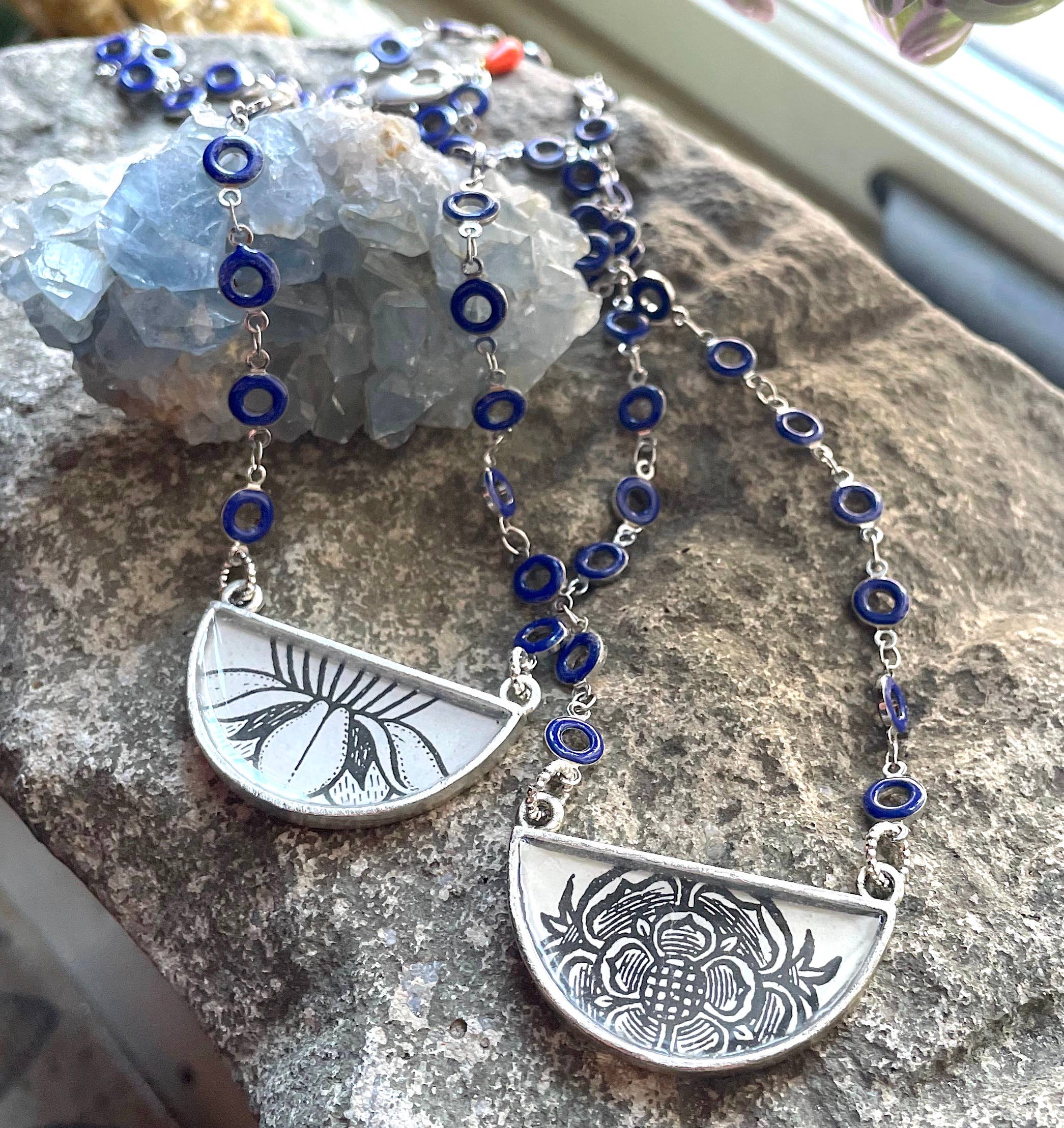 joeyfivecents - Wholesale Pendant/charm necklace - Art Deco Demi crescent necklace- b&w botanicals cobalt chain1