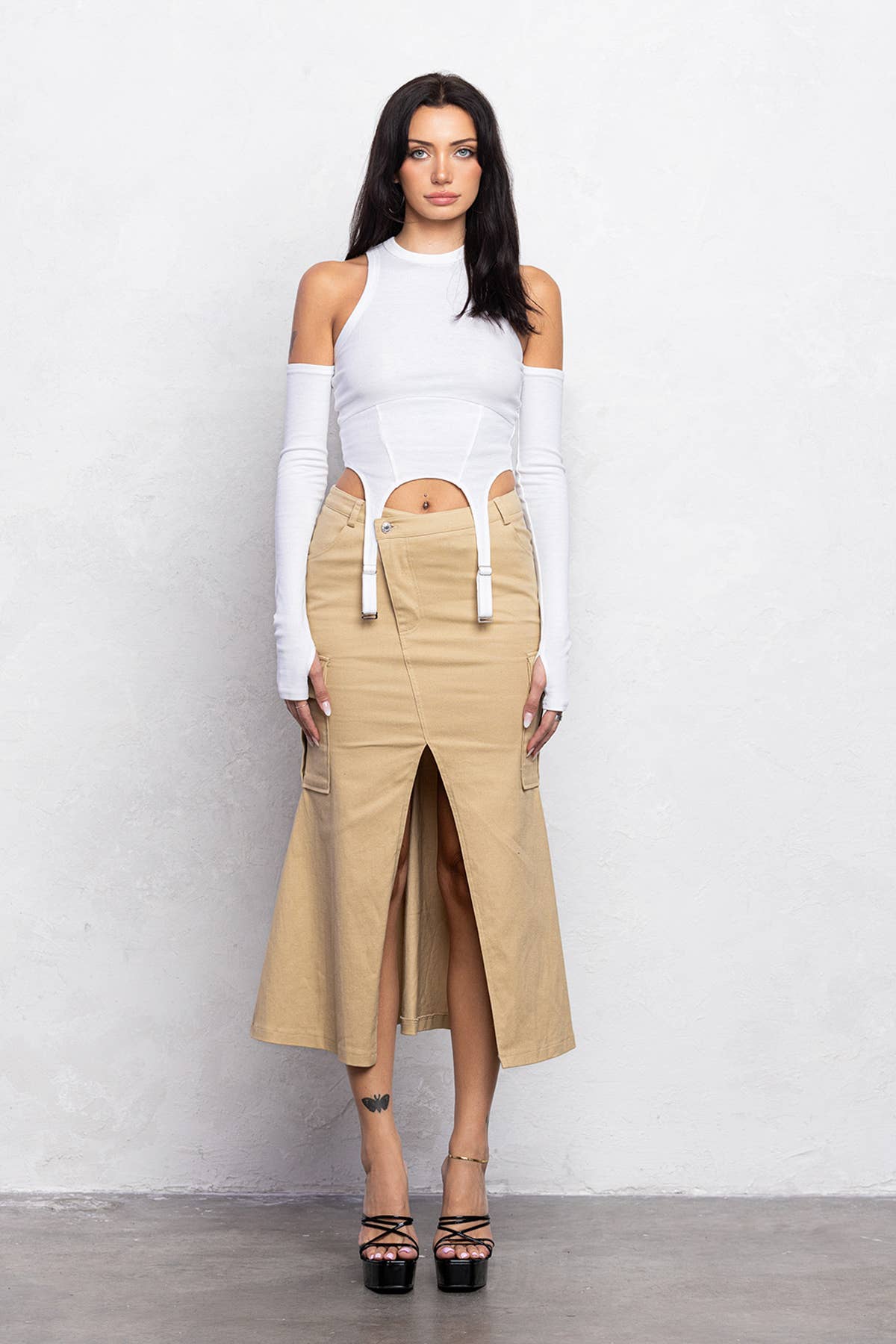 No Vacancy - Wholesale Skirt - Women's - Mermaid front cut detail diagonal midi skirt4