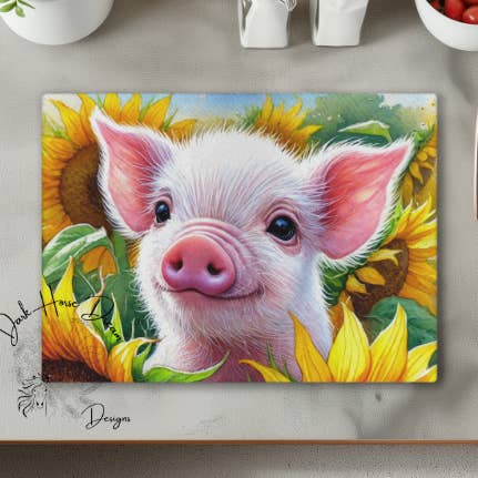 Piglet Sunflower Garden - Fall Animal - Glass Cutting Board for wholesale by Dark Horse Dream Designs LLC