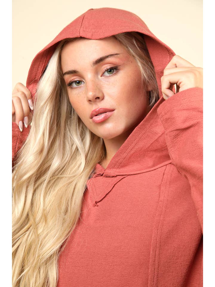 VERY J - Wholesale Hoodie - Women's - NT11689-Raw Edge Cute Detail Hoodie Knit Top
