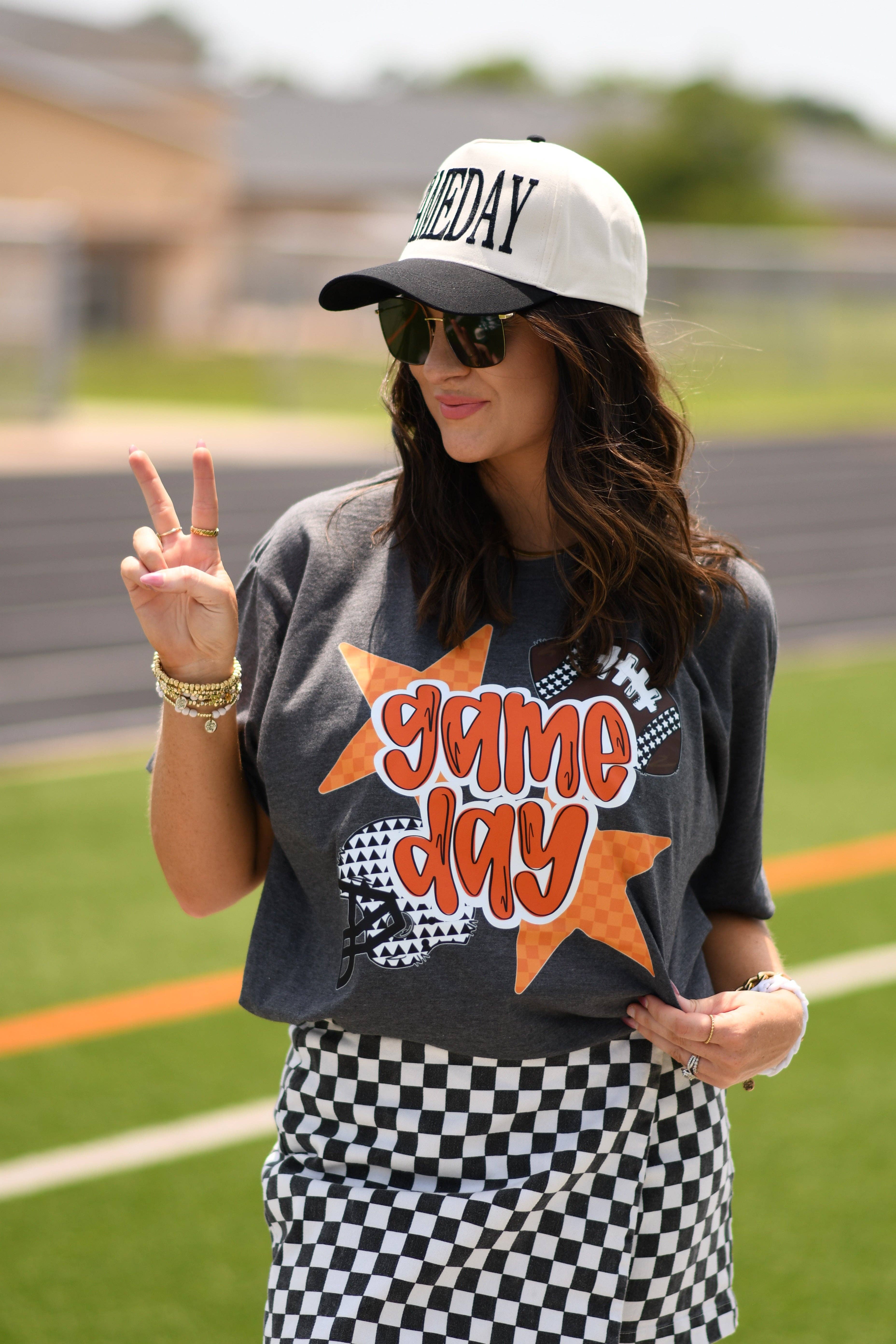 Heather Charcoal Orange Game Day Checkered Stars Tee for wholesale on Faire2