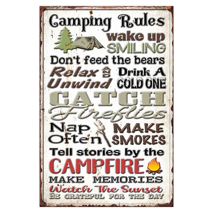 Camping Rules ingelijst metalen bord met reliëf voor wholesale door inVintage