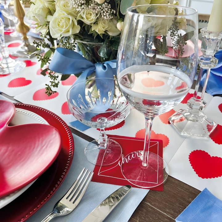 Table Theory (Formerly Toasting with Tara) - Wholesale Disposable Napkin - Cotton Cocktail Napkin Roll: The Red Carpet - White "Cheers"11