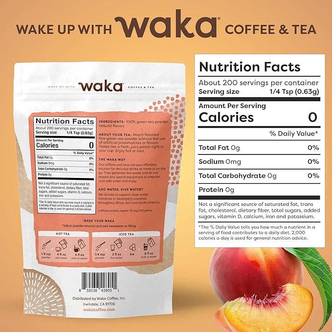 Waka Coffee & Tea - Wholesale Health/Detox Tea - Unsweetened Peach Flavored Green Instant Tea 4.5 oz Bag1