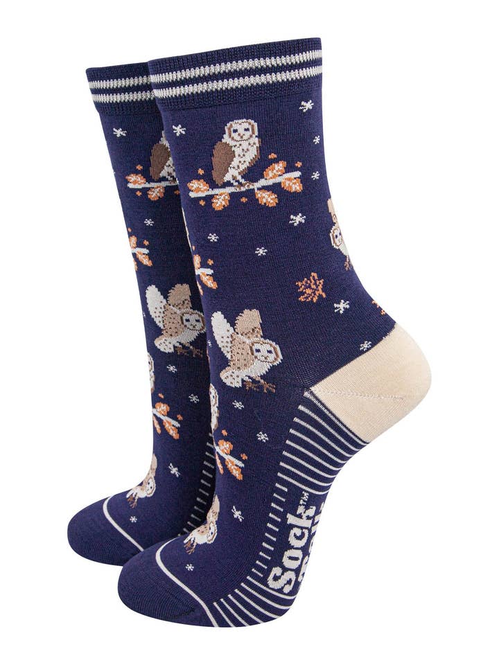 Women's Bamboo Socks - Navy Blue/Cream, Barn Owls for wholesale by Sock Talk
