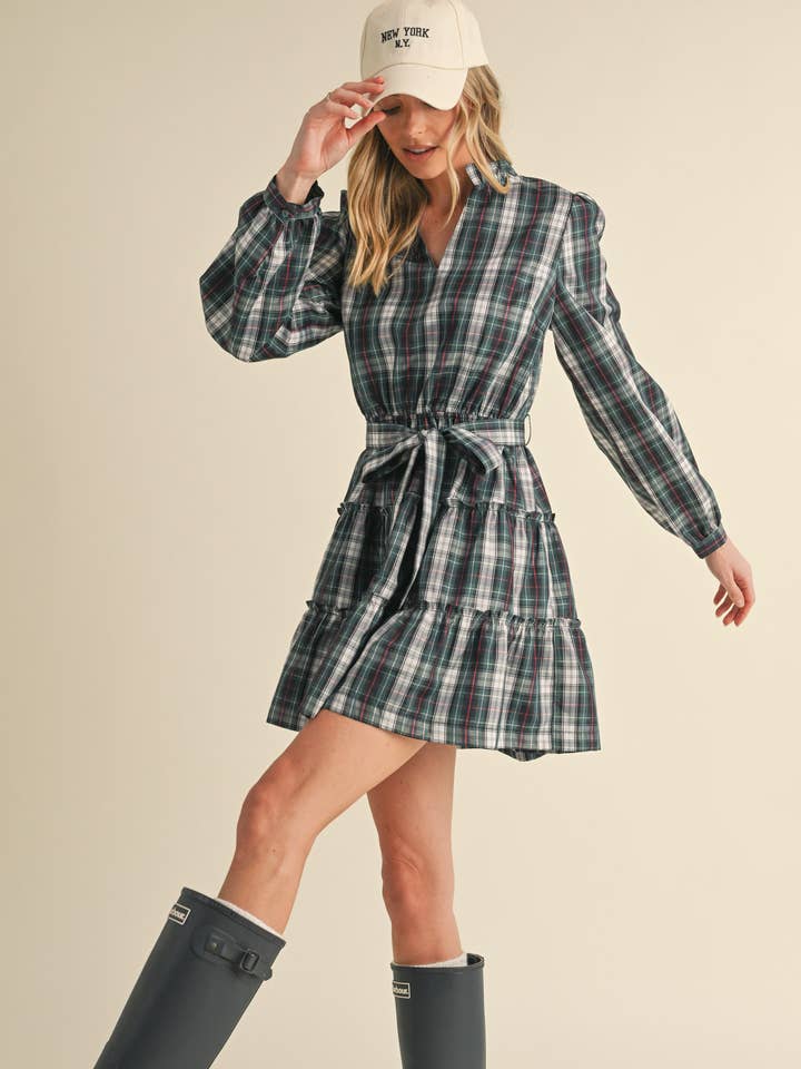 &MERCI - Wholesale Dress - Women's - PLAID MINI DRESS WITH TIERED RUFFLE TRIM MDR35387