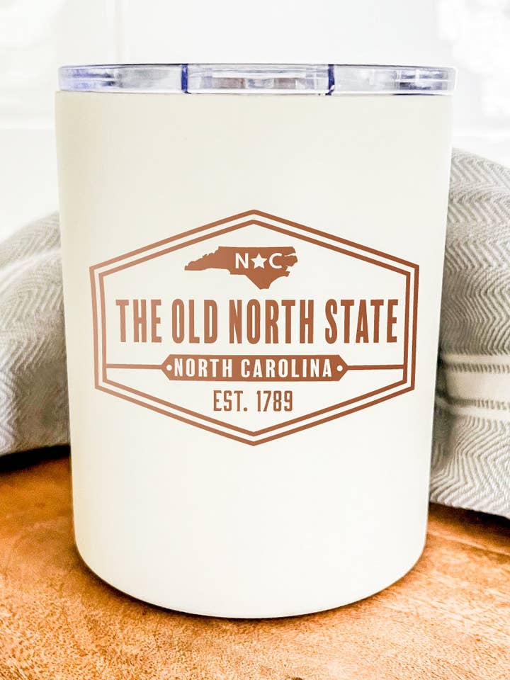 The Old North State Badge Low Ball Tumbler Cream + Copper for wholesale by Mae Designs LLC