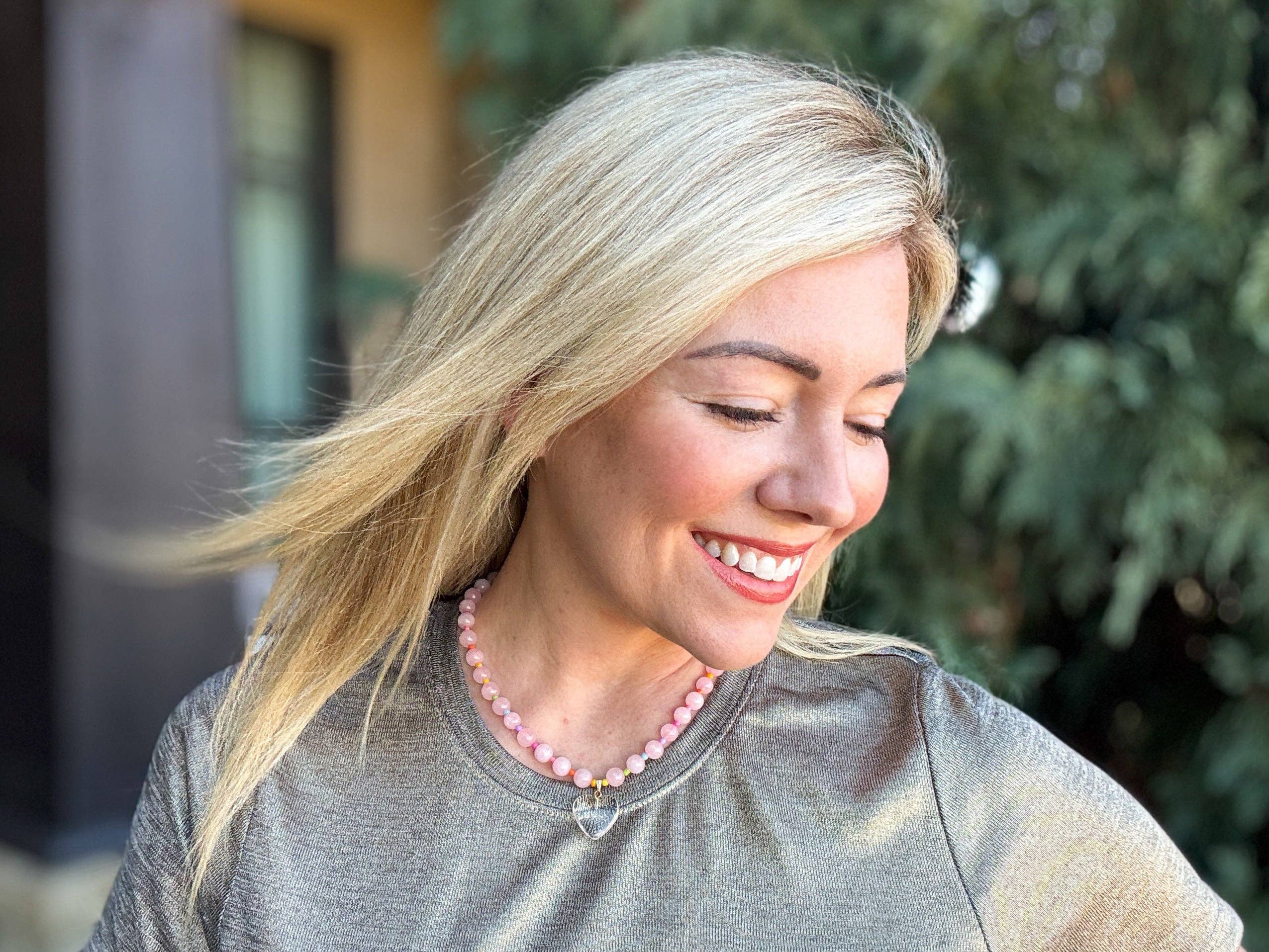 Taylor Elliott Designs - Wholesale Pendant/Charm Necklace - Beaded Necklace - Pink + Multi-Color w/Dangle Heart - Lottie5