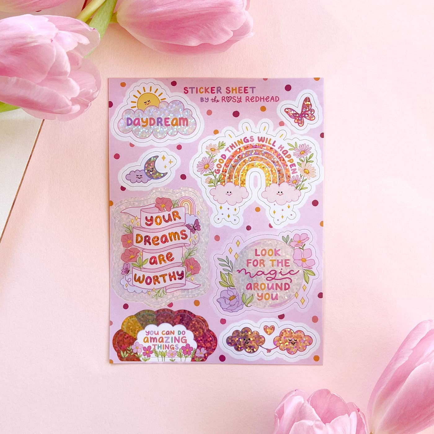 The Rosy Redhead - Wholesale Sticker - Daydream Cute Glittery Positivity Waterproof Sticker Sheet1