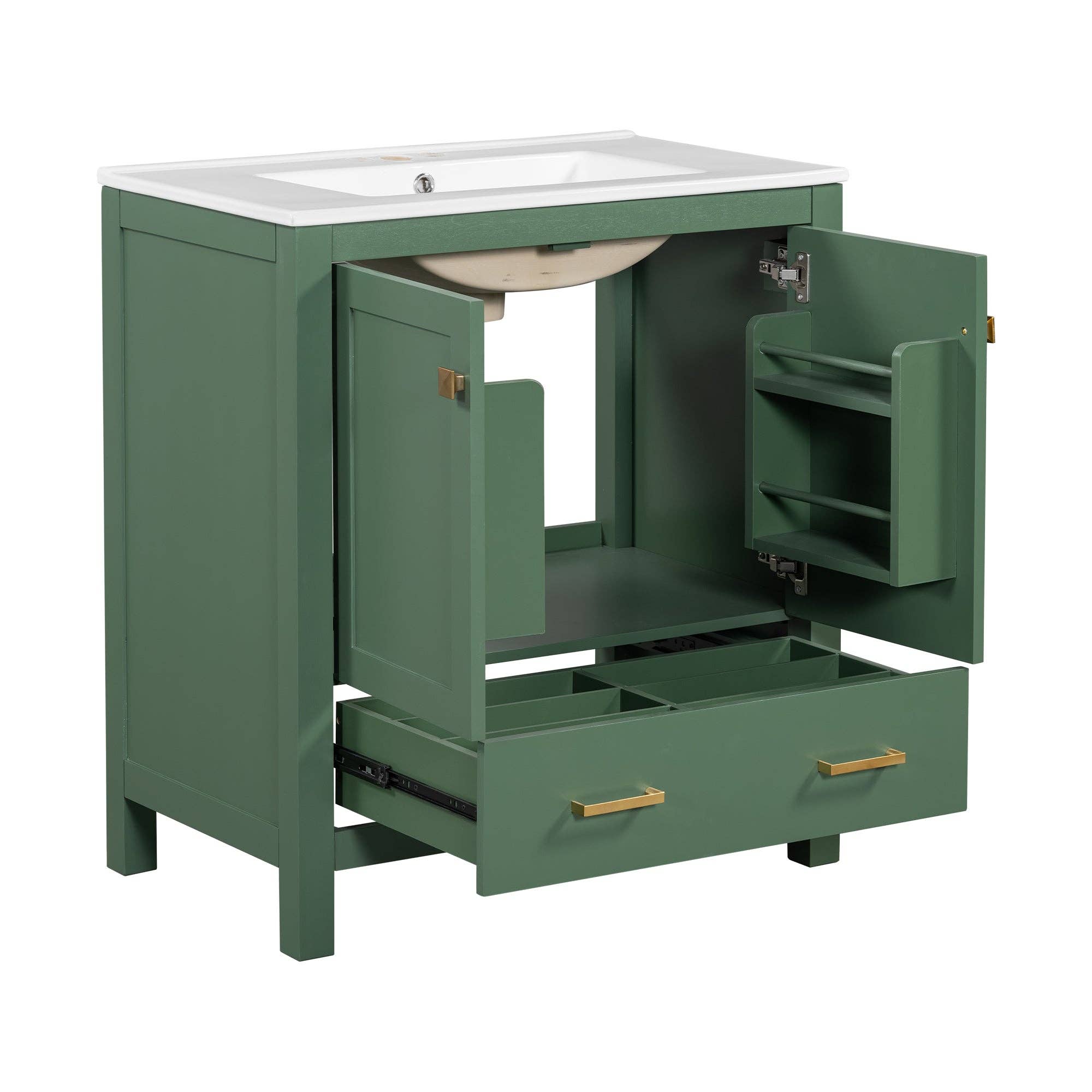 Orange County Decor - Wholesale Cabinet - 30 Inch Green Bathroom Vanity With Single Sink, Combination Under Counter Sink, Bathroom Storage Cabinet With 2 Doors And A Drawer, Soft Closure, Multifunctional Storage Wf324043 Green Bathroom10