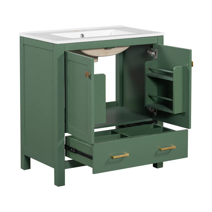 Orange County Decor - Wholesale Cabinet - 30 Inch Green Bathroom Vanity With Single Sink, Combination Under Counter Sink, Bathroom Storage Cabinet With 2 Doors And A Drawer, Soft Closure, Multifunctional Storage Wf324043 Green Bathroom10