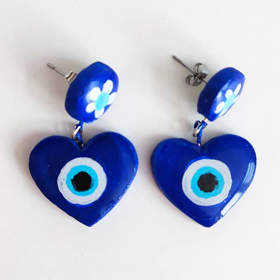 Evil eye earrings blue, heart earrings, handmade earrings for wholesale by Chunchitos