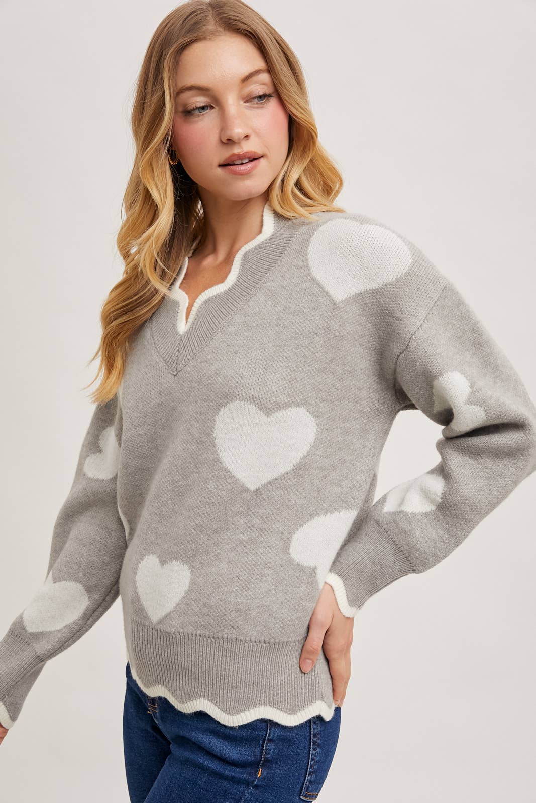 Bluivy - Wholesale Knit Sweater - Women's - HEART SCALLOP TRIMMED CONTRAST KNIT SWEATER VALENTINE'S DAY2