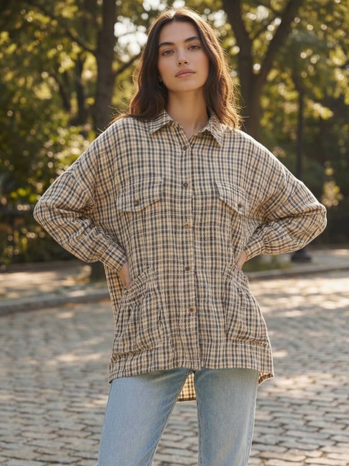 CHEMISES À CARREAUX BOUTONNÉES AVEC POCHES FRONCÉES pour la vente par Kori America