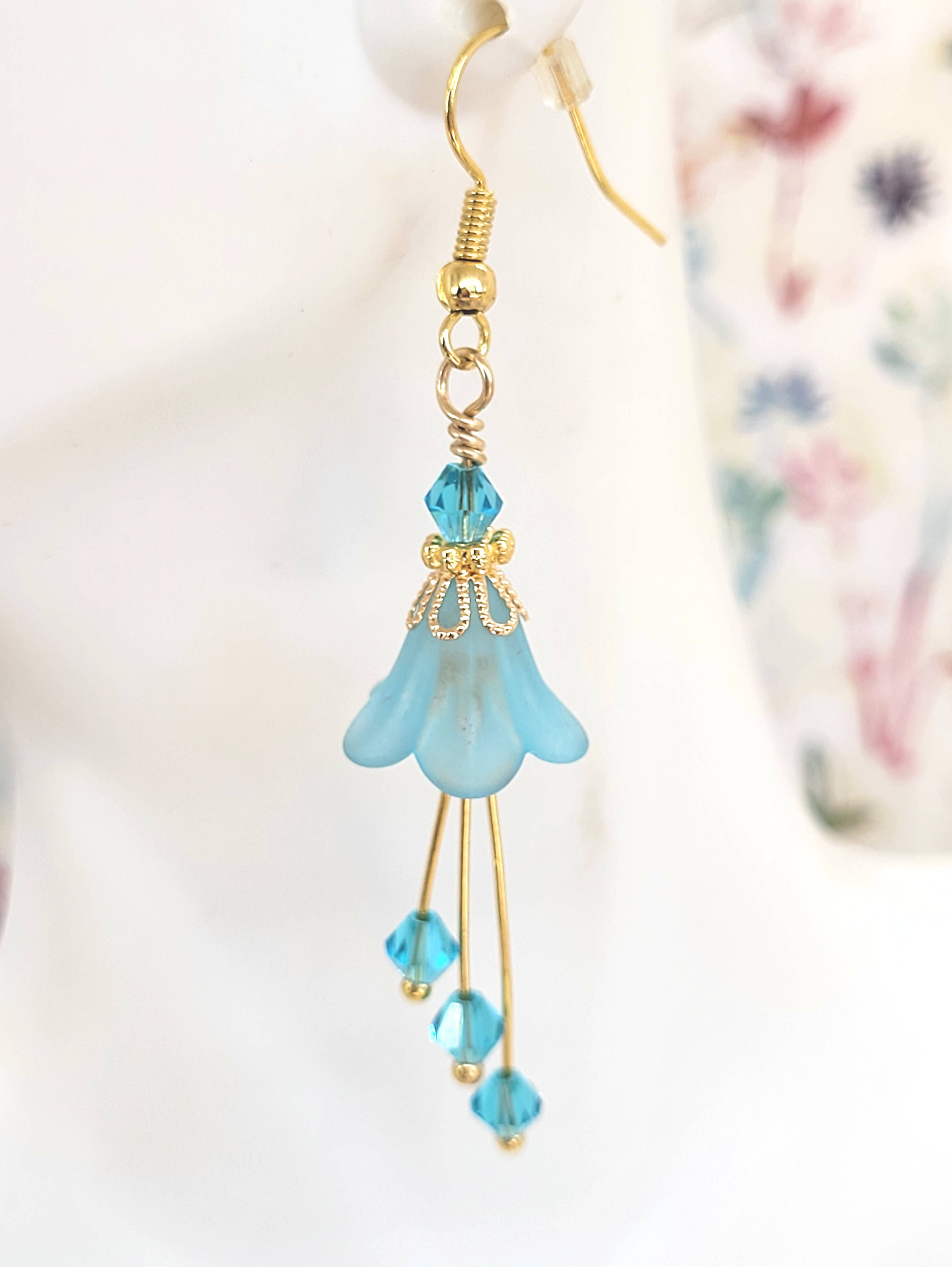 Chic Brico - Wholesale Dangle Earrings - Bell Flower Dangle Earrings - Aqua Blue and Gold5