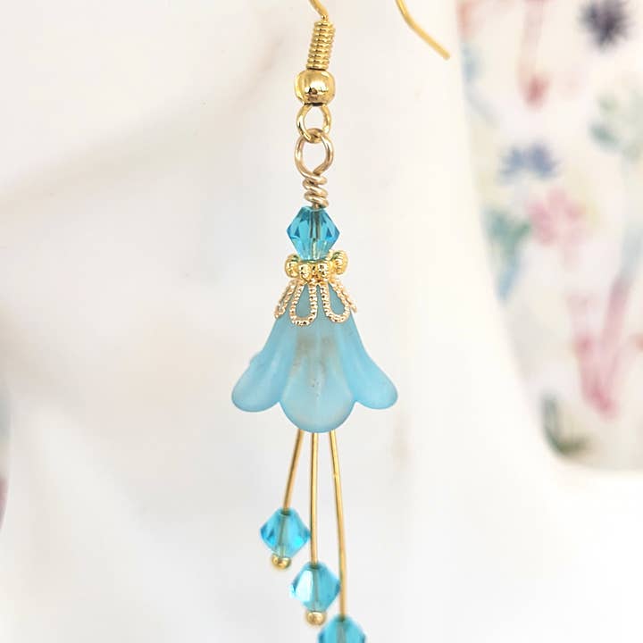 Chic Brico - Wholesale Dangle Earrings - Bell Flower Dangle Earrings - Aqua Blue and Gold5