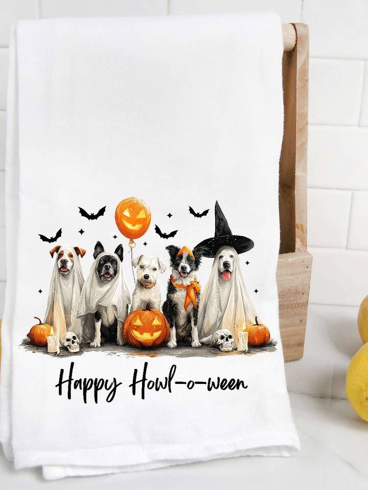 Happy Howl O ween Dog Halloween Tea Towel for wholesale by The Preppy Pineapple Home