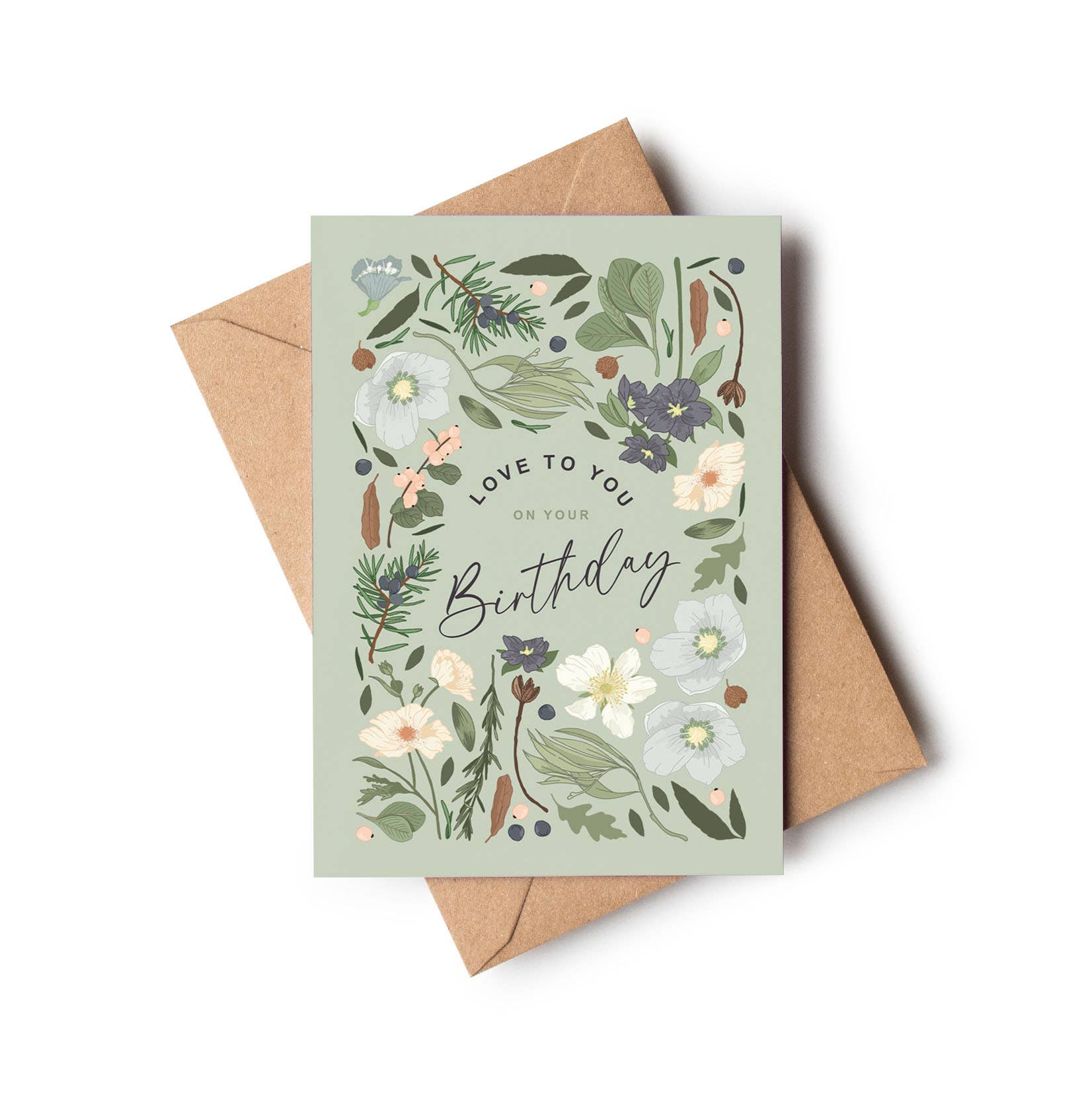 Wildwood Paper – wholesale Birthday card – Birthday Love Botanical Pale Green/Grey Floral Greeting Card
