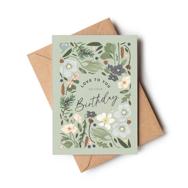Wildwood Paper – wholesale Birthday card – Birthday Love Botanical Pale Green/Grey Floral Greeting Card0