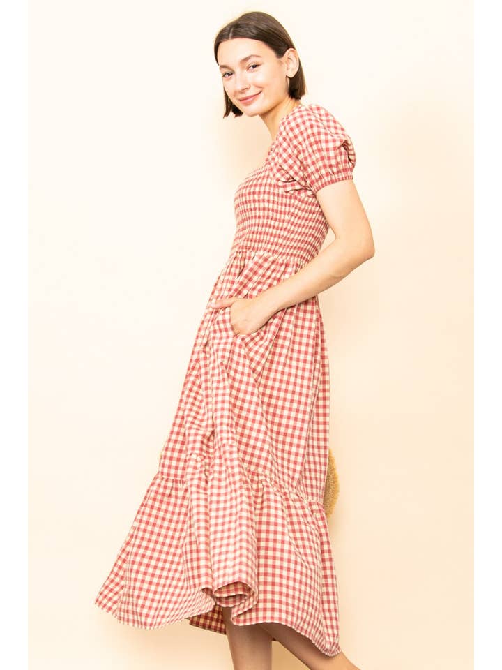 Elloh Collection - Wholesale Dress - Women's - Gingham Puff Sleeves Smocked Chest Midi Dress with Pockets6