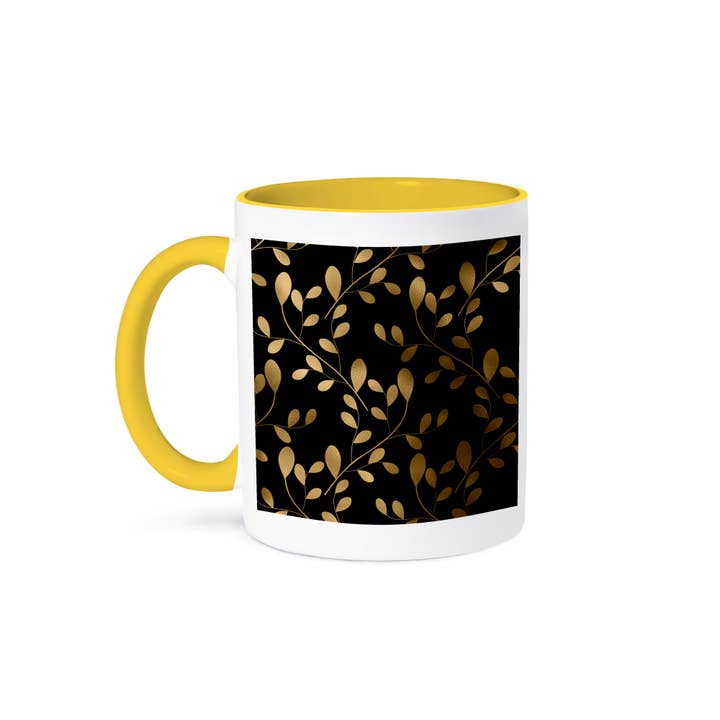 3dRose - Wholesale Coffee Mug - 3dRose, Contemporary Black and Image Of Gold Curly Leaf Pattern, Mug