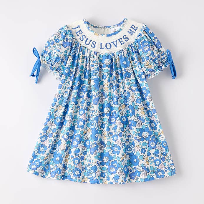Girls Summer Blue Floral "JESUS LOVES ME" Smocked Dress for wholesale by Auraquise