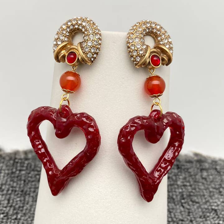 Vintage Dark Red Large Heart Charm Inlaid CZ Post Earrings for wholesale by Mio Queena