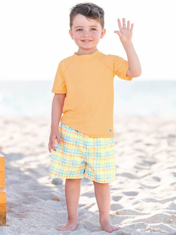 RuffleButts + RuggedButts – wholesale Swim shorts – Kids – Boys Summertime Gingham Swim Trunks