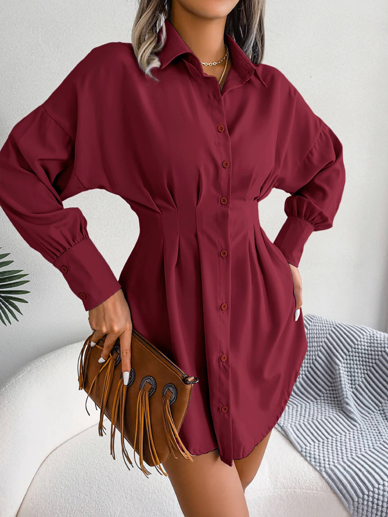 Anna Kaci Wholesale – wholesale Dress – Women's – Pleated-Waist Button-Front Shirt Dress4